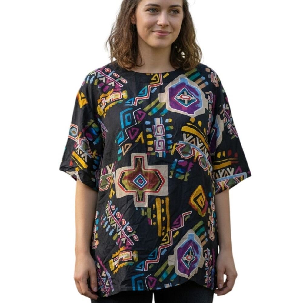 Anna and Frank 100% Silk Colorful Tribal Top Womens Size 20W Vintage 80s Funky